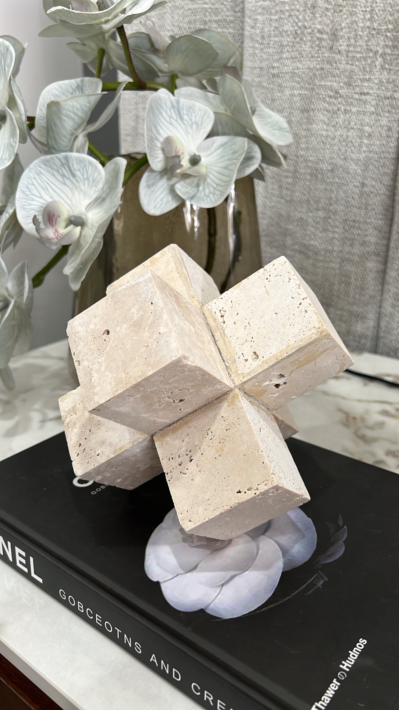 Geometric travertine stone sculpture - Luscious Homewares