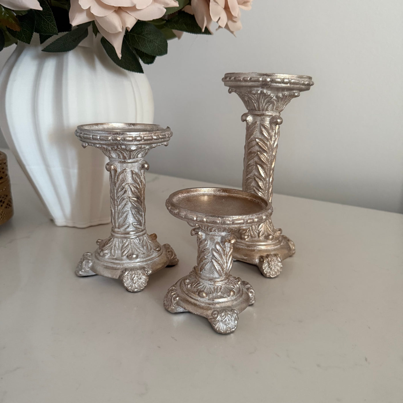 Victorian champagne 3 piece Candle holder set
