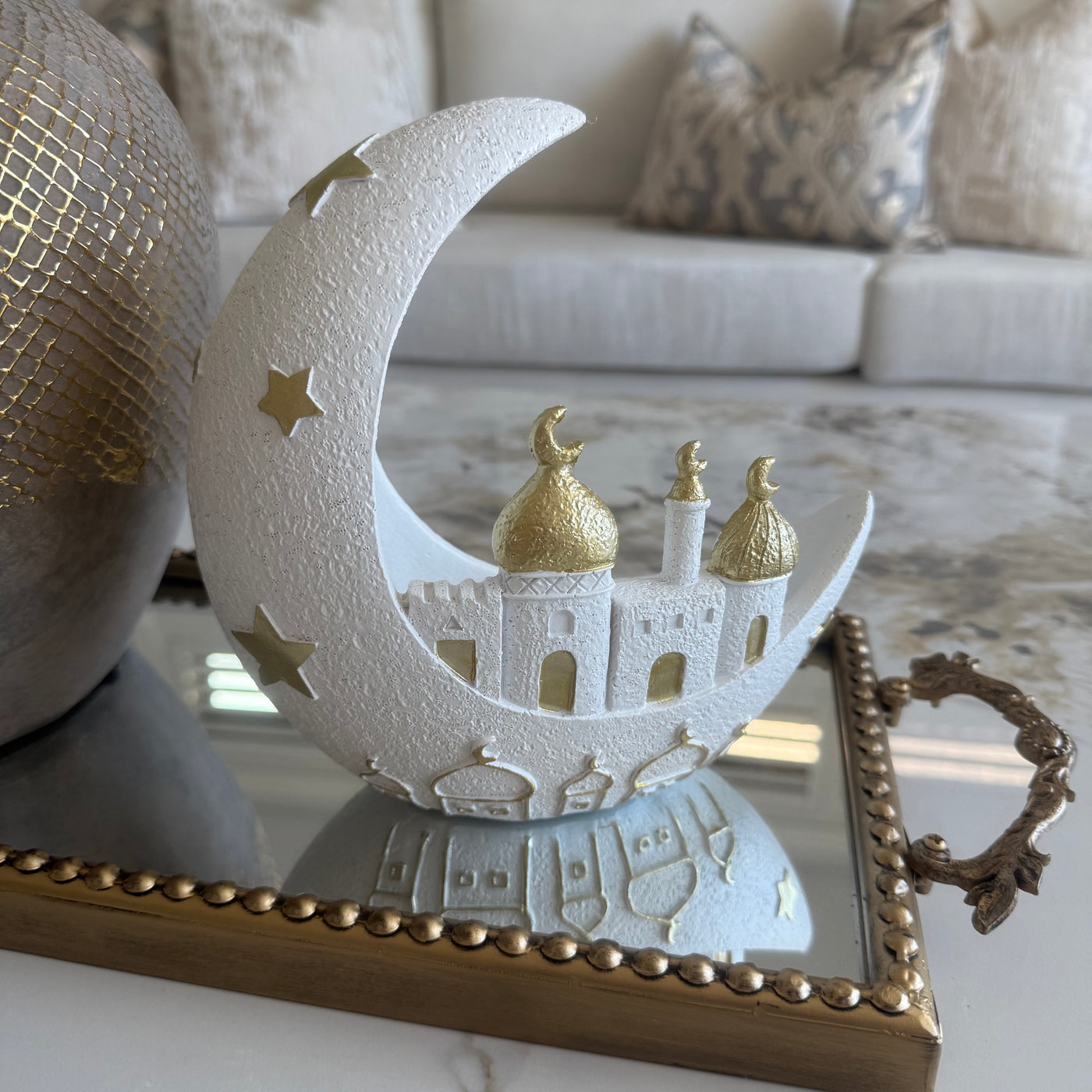 Ramadan gold and white display moon ornament
