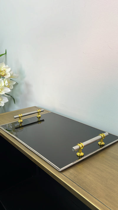 Silver rim smoked glass tray rectangle - Luscious Homewares