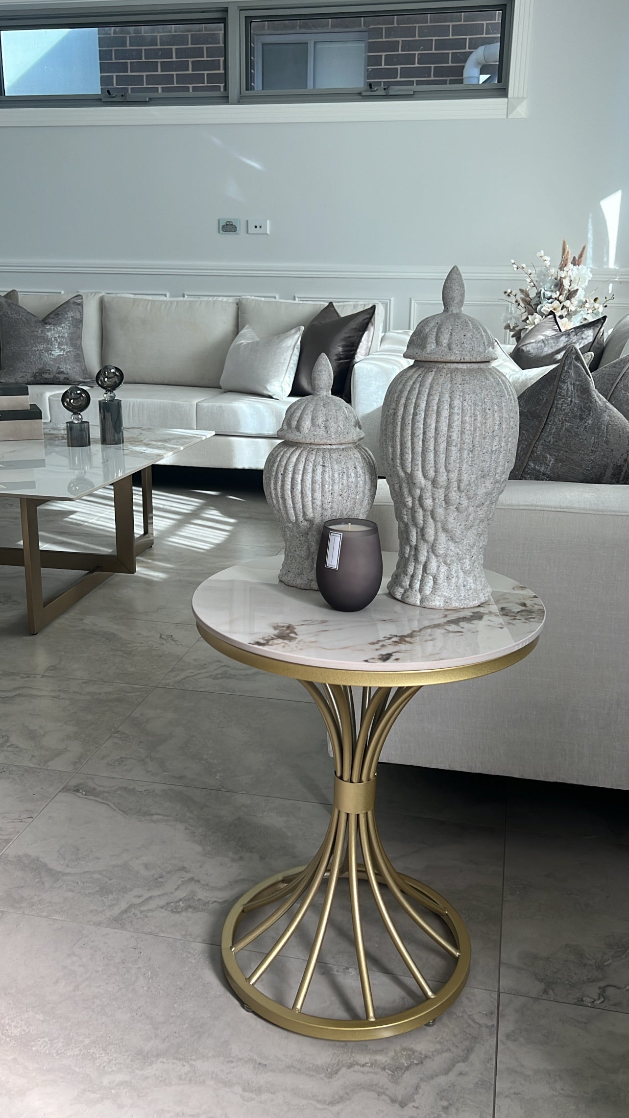 Marble white and gold round side table