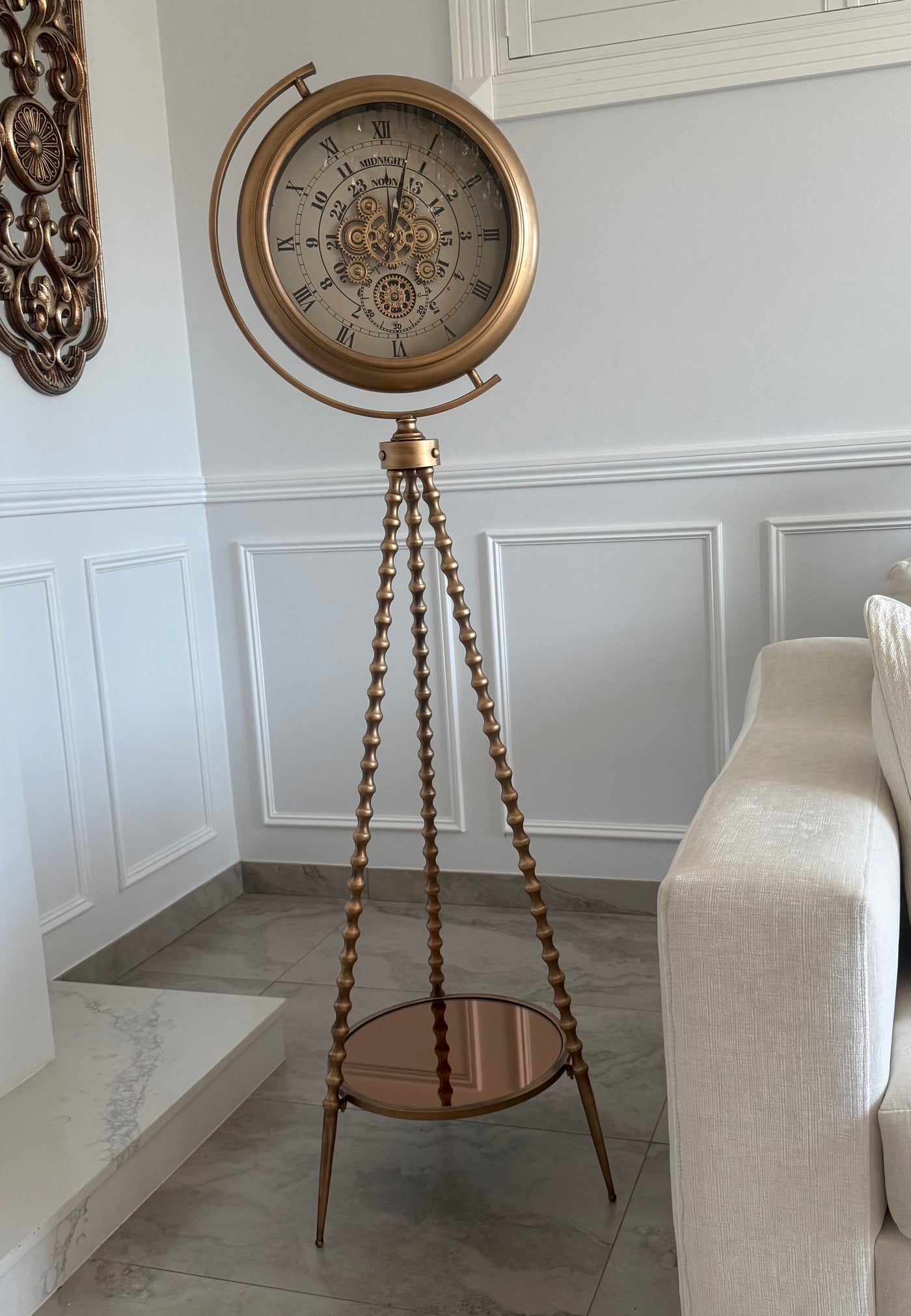 Gold tripod floor gear clock 160 cm - Luscious Homewares