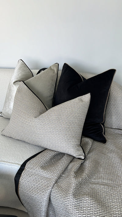 Senyorita black/ dark champagne trim cushion - Luscious Homewares