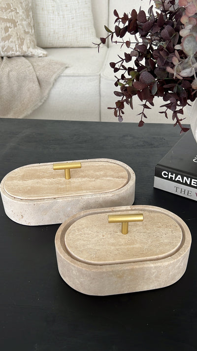Travertine stone oval box - Luscious Homewares