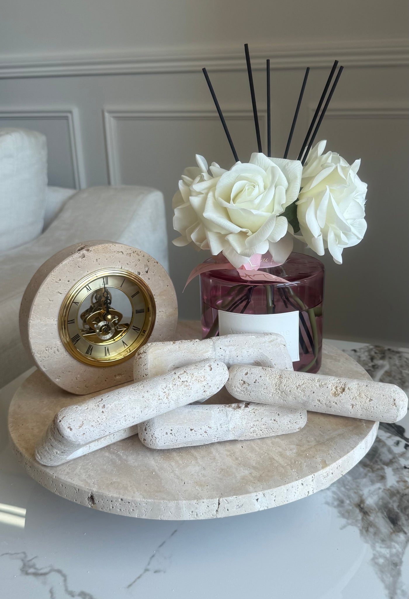Travertine Stone round pedestal tray 35 cm diameter