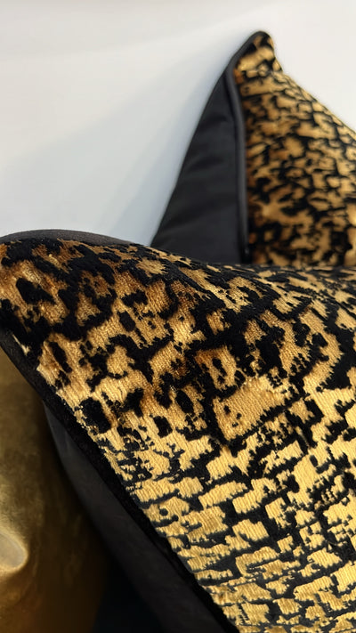 Gabbana black and gold cut velvet cushion 55x55 - Luscious Homewares