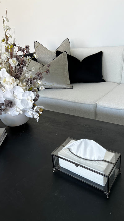 Senyorita black/ dark champagne trim cushion - Luscious Homewares