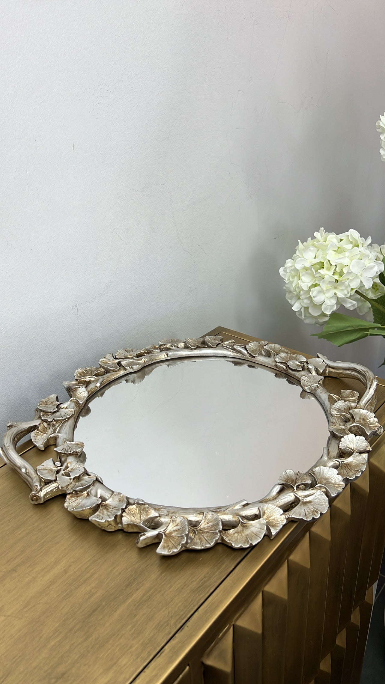 Ginkgo round pewter mirrored tray - Luscious Homewares