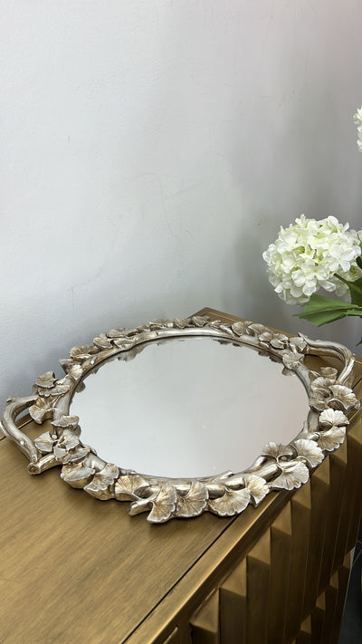 Ginkgo round pewter mirrored tray - Luscious Homewares