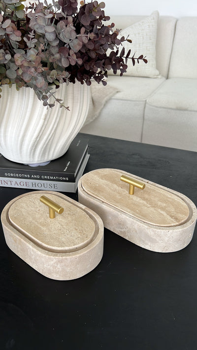 Travertine stone oval box - Luscious Homewares