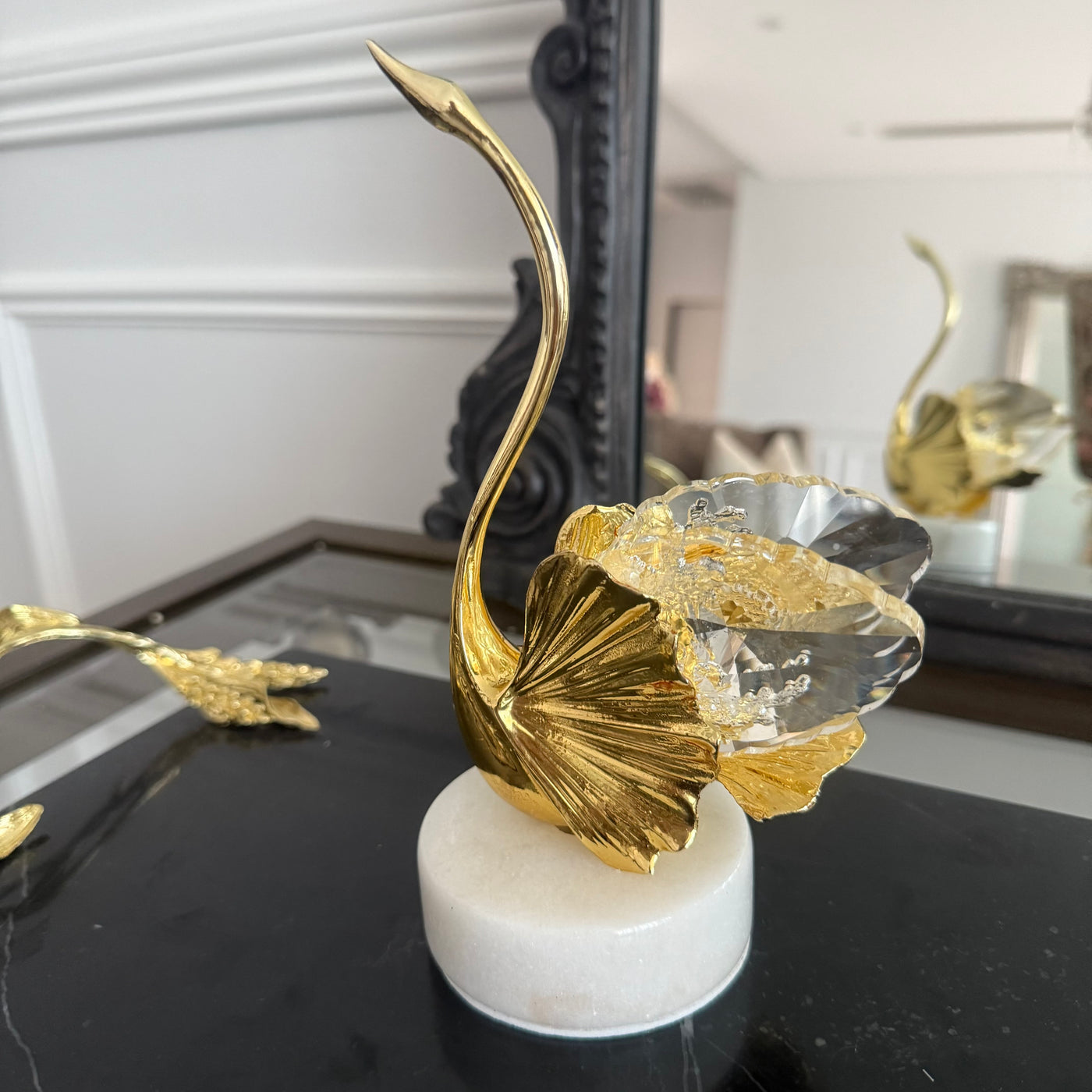 Crystal & Gold swan figurine marble stand