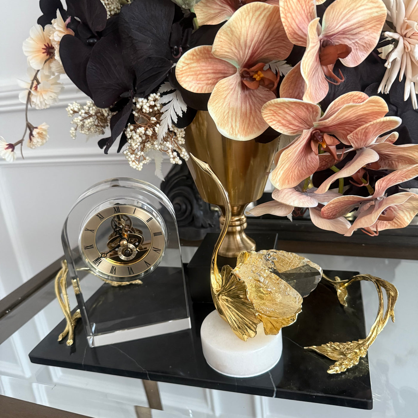 Crystal & Gold swan figurine marble stand