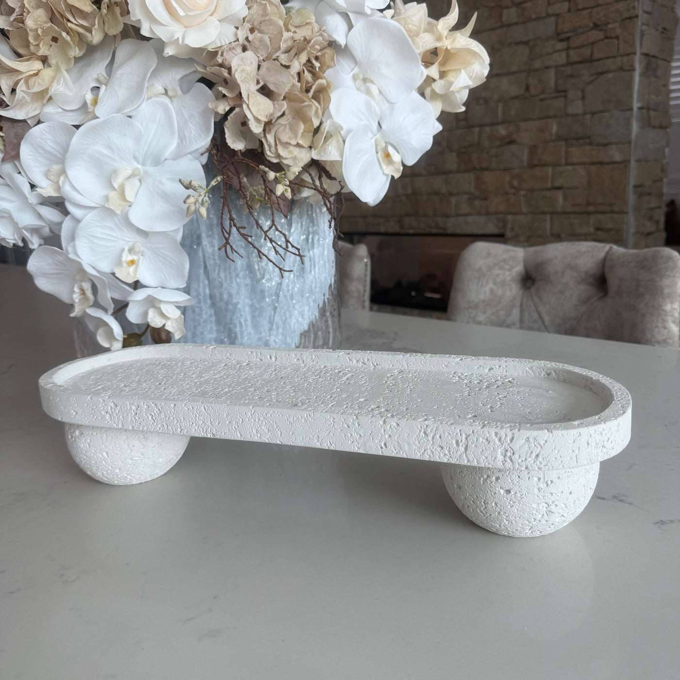 Oval Pedestal white Stone tray