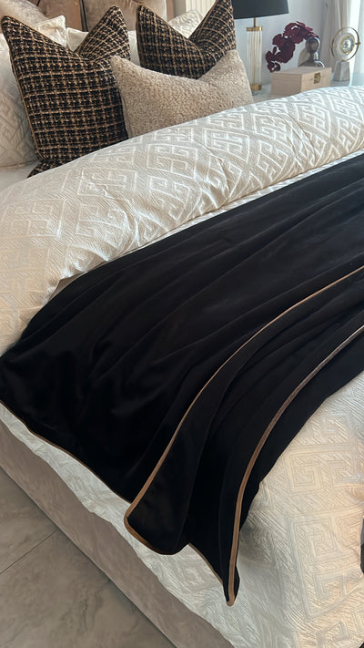 Luxe black velvet throw bronze piping 140x220cm