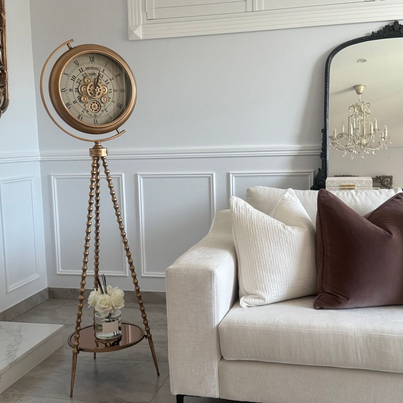 Gold tripod floor gear clock 160 cm - Luscious Homewares